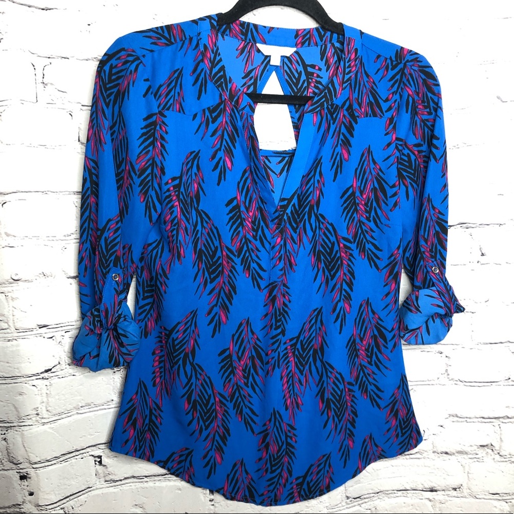 Candies blue leaf pattern roll top sleeve blouse size small